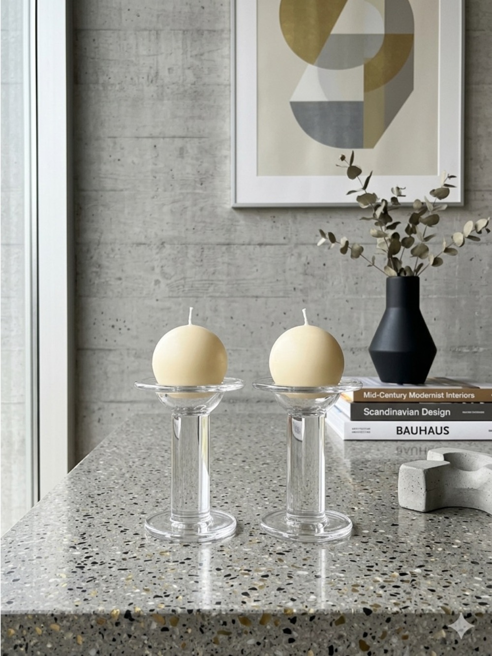 Marc Aurel Modernist Glass Pedestals Pillars Candle Holders with Sphere Candles